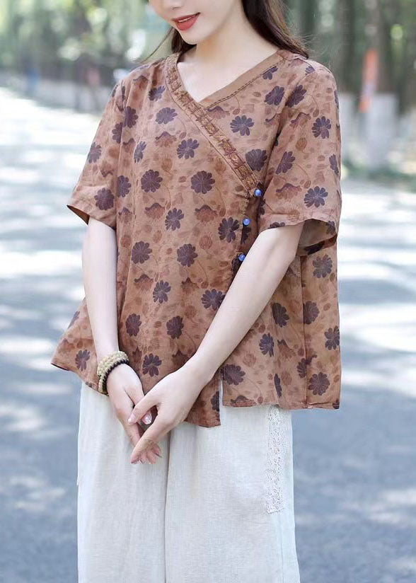 Bio Khaki Print Button Patchwork Leinenhemden Kurzarm