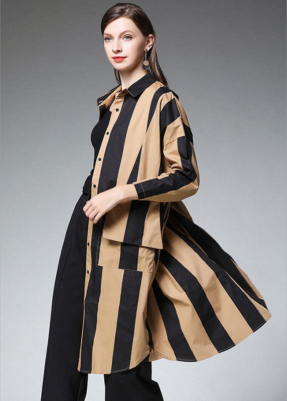 Bio Khaki gestreifte lange Hemden mit Peter-Pan-Kragen