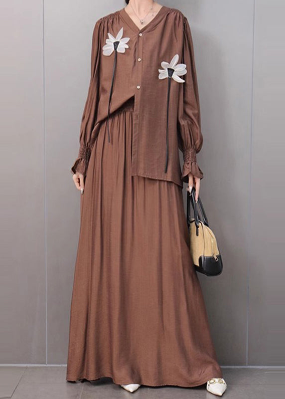 Organic Khaki V Neck Shirts And Maxi Skirts Two Pieces Set Fall