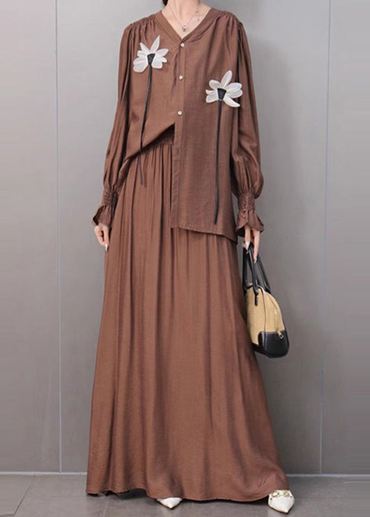 Organic Khaki V Neck Shirts And Maxi Skirts Two Pieces Set Fall