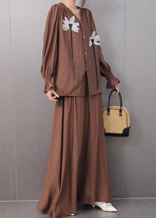 Organic Khaki V Neck Shirts And Maxi Skirts Two Pieces Set Fall