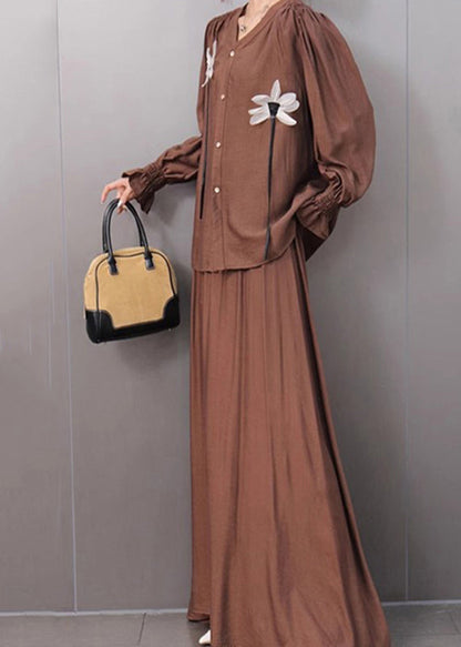 Organic Khaki V Neck Shirts And Maxi Skirts Two Pieces Set Fall