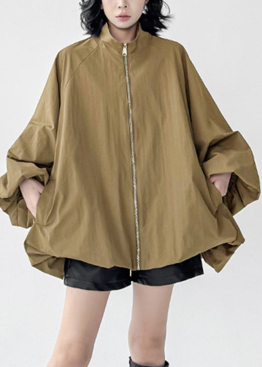 Organic Khaki Zippered Patchwork Solid Trench Coats Fall