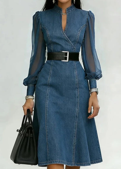 Organic Light Blue Stand Collar Patchwork Denim Dress Summer