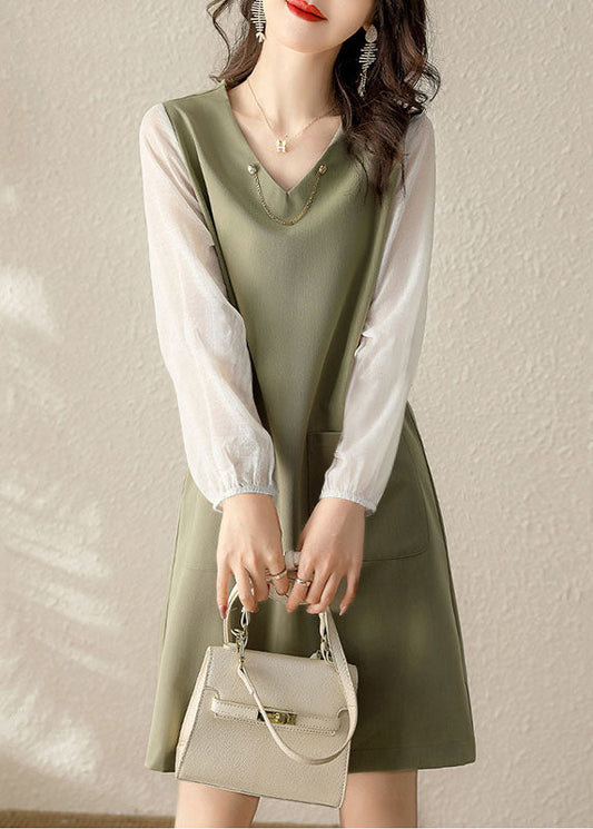 Bio Hellgrün V-Ausschnitt Patchwork Baumwolle Kleid Frühling