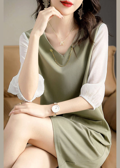 Bio Hellgrün V-Ausschnitt Patchwork Baumwolle Kleid Frühling