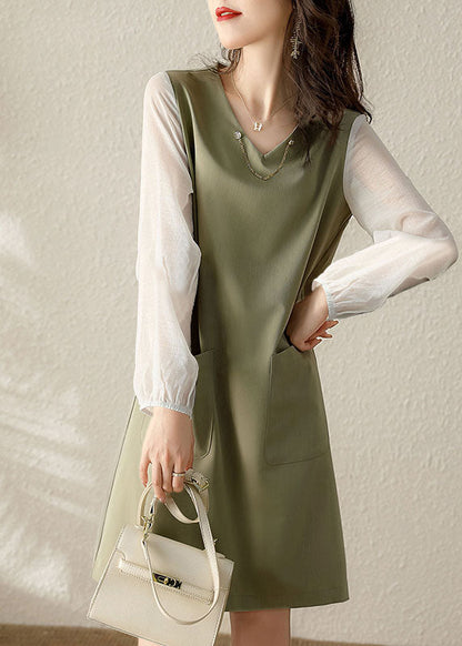 Bio Hellgrün V-Ausschnitt Patchwork Baumwolle Kleid Frühling