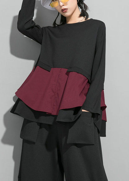 Bio-Maulbeere O-Ausschnitt Patchwork Rüschen Herbst Top Langarm