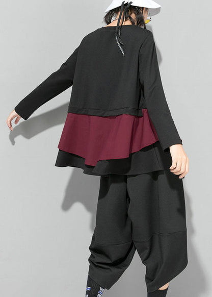 Bio-Maulbeere O-Ausschnitt Patchwork Rüschen Herbst Top Langarm