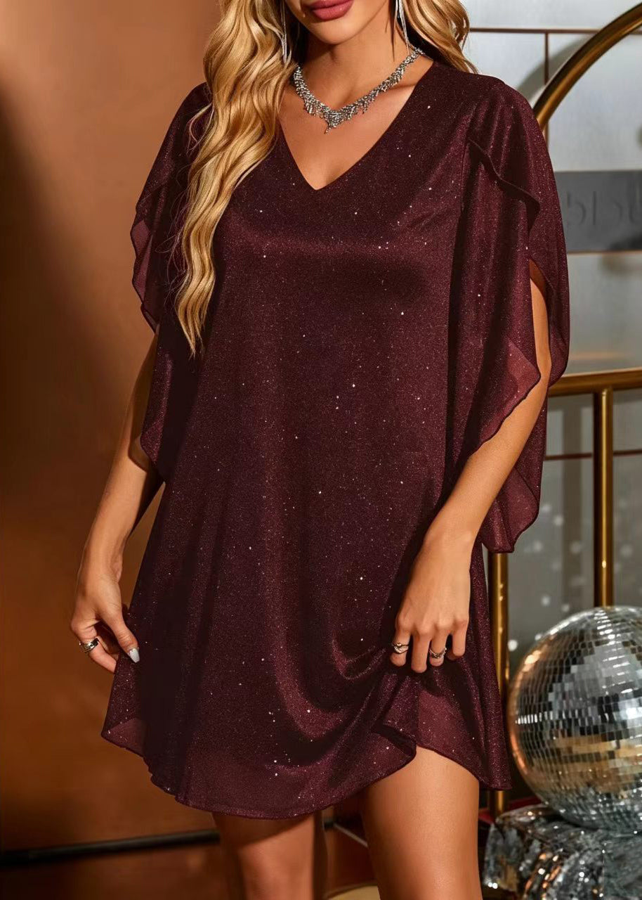Organic Mulberry V Neck Sequins Day Dress Summer