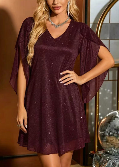 Organic Mulberry V Neck Sequins Day Dress Summer
