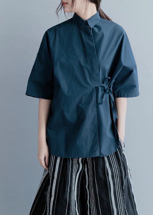 Organic Navy Cinched Solid Cotton Blouses Half Sleeve