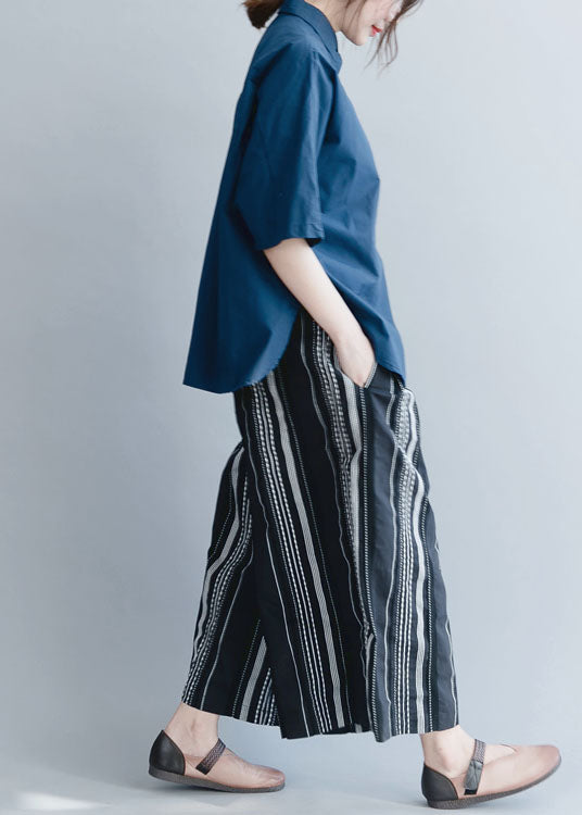 Organic Navy Cinched Solid Cotton Blouses Half Sleeve