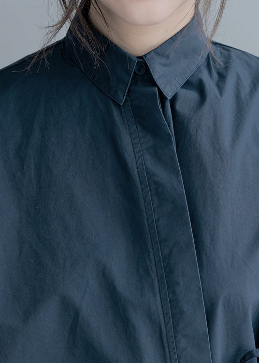 Organic Navy Cinched Solid Cotton Blouses Half Sleeve