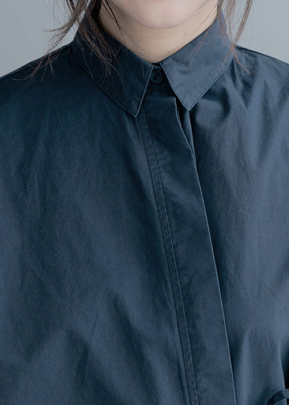 Organic Navy Cinched Solid Cotton Blouses Half Sleeve