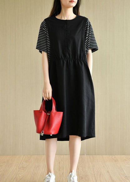 Organic Navy Patchwork Button Summer Short Sleeve Sundress - SooLinen