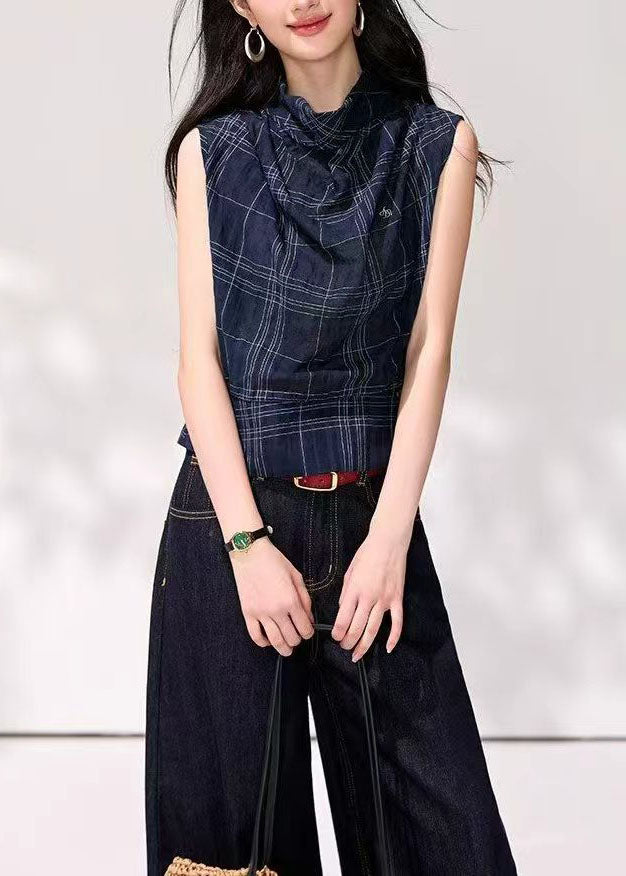 Organic Navy Plaid Cowl Neck Draping Tank Summer