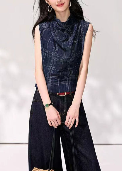 Organic Navy Plaid Cowl Neck Draping Tank Summer