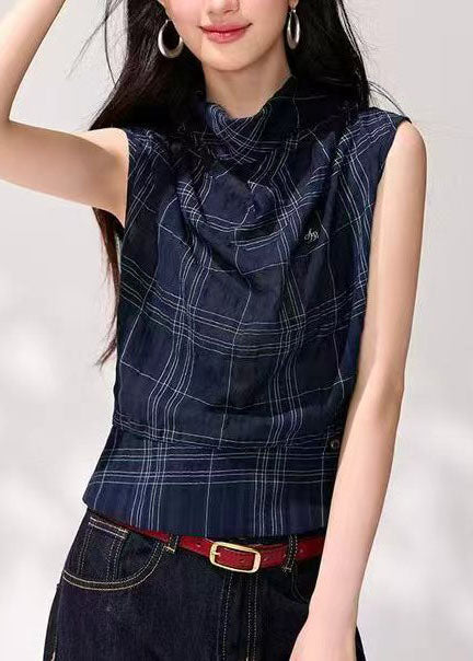 Organic Navy Plaid Cowl Neck Draping Tank Summer