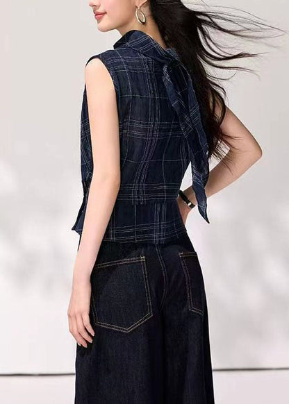 Organic Navy Plaid Cowl Neck Draping Tank Summer