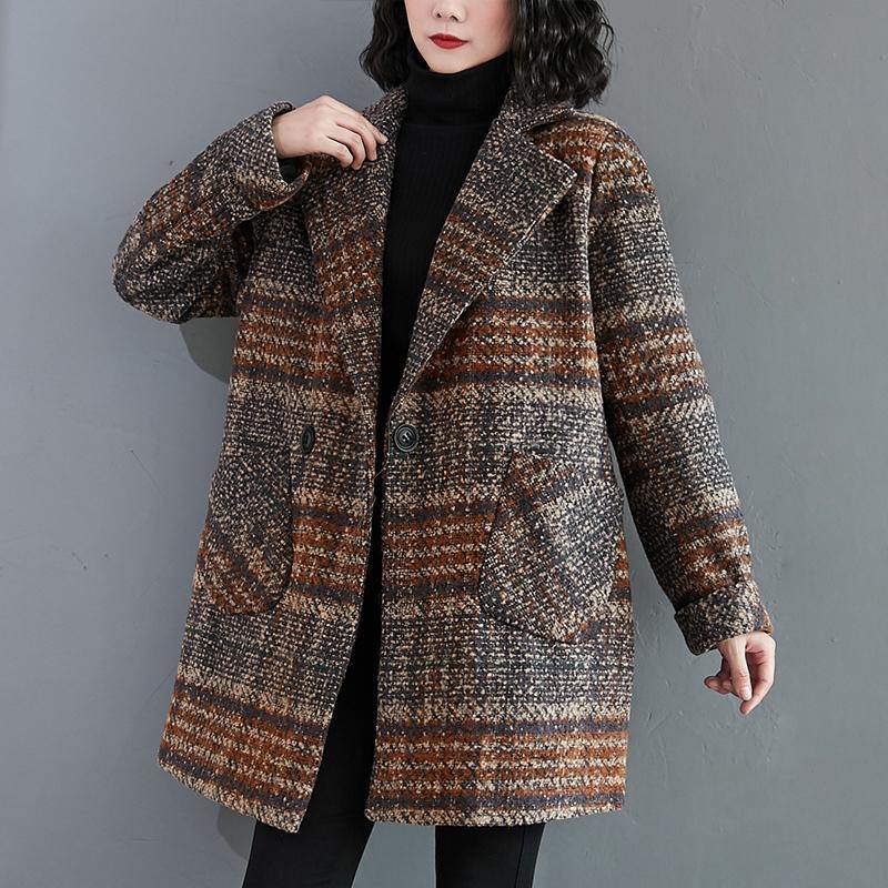 Organic Notched pockets Plus Size tunic pattern blue plaid Dresses jackets - SooLinen