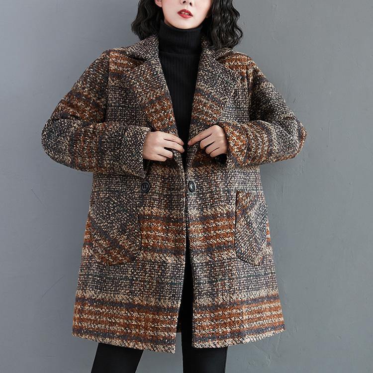 Organic Notched pockets Plus Size tunic pattern blue plaid Dresses jackets - SooLinen