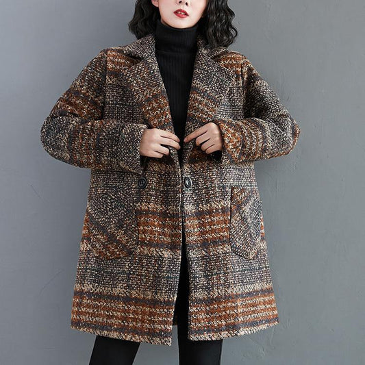 Organic Notched pockets Plus Size tunic pattern blue plaid Dresses jackets - SooLinen