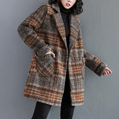 Organic Notched pockets Plus Size tunic pattern blue plaid Dresses jackets - SooLinen