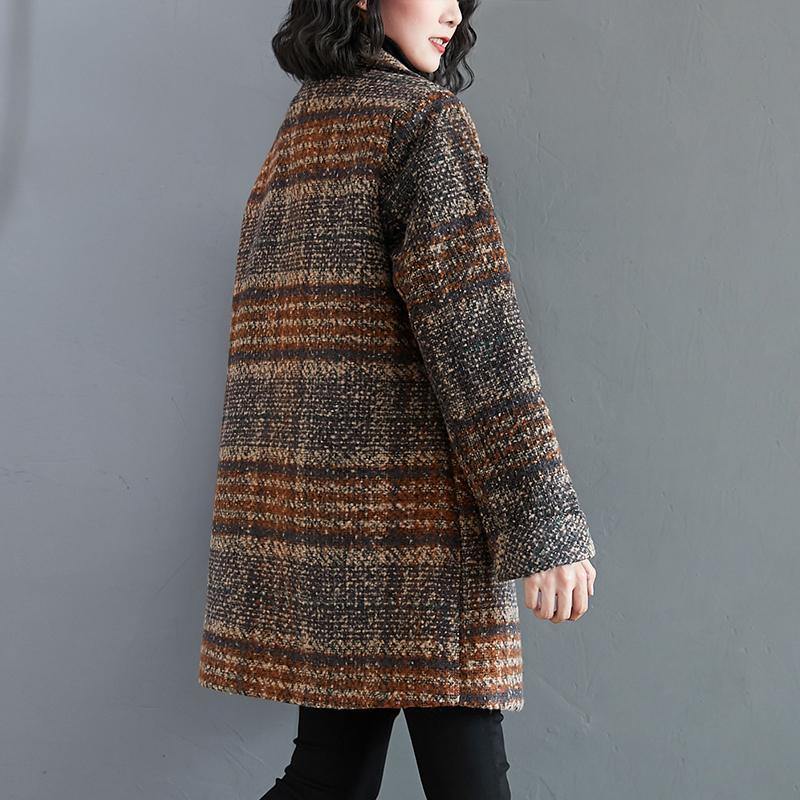 Organic Notched pockets Plus Size tunic pattern blue plaid Dresses jackets - SooLinen