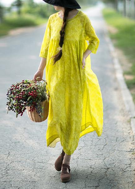 Organic O Neck Cinched Long Shirts Lnspiration Yellow Print Kaftan Dresses - SooLinen