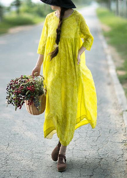 Organic O Neck Cinched Long Shirts Lnspiration Yellow Print Kaftan Dresses - SooLinen