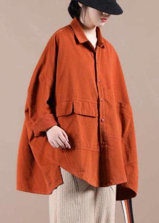 Organic Orange Coat For Woman Wardrobes Lapel Batwing Sleeve Spring Coats - SooLinen