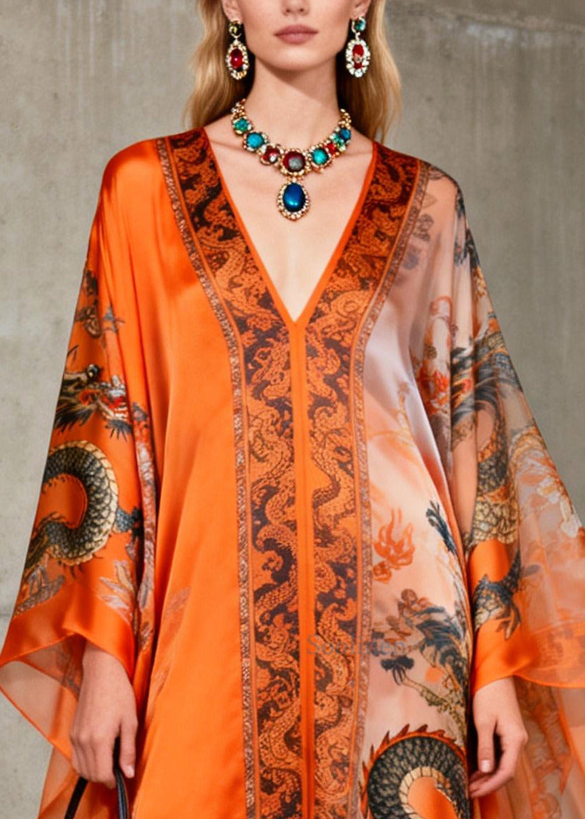 Organic Orange Oversized Print Chiffon Maxi Dress Batwing Sleeve