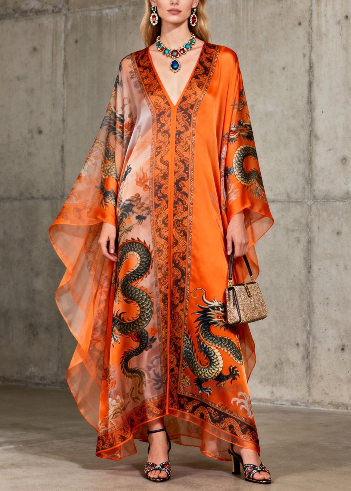 Organic Orange Oversized Print Chiffon Maxi Dress Batwing Sleeve