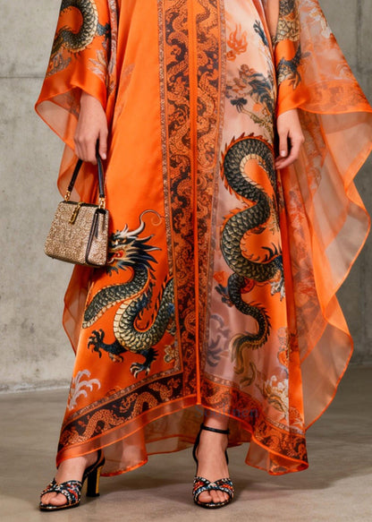 Organic Orange Oversized Print Chiffon Maxi Dress Batwing Sleeve