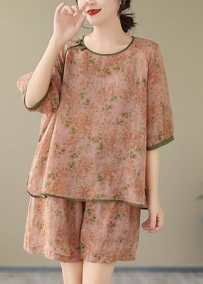 Organic Orange Print Side Open Top And Shorts Two Piece Set Short Sleeve