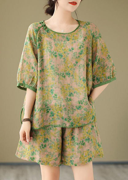 Organic Orange Print Side Open Top And Shorts Two Piece Set Short Sleeve