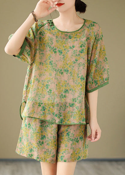 Organic Orange Print Side Open Top And Shorts Two Piece Set Short Sleeve