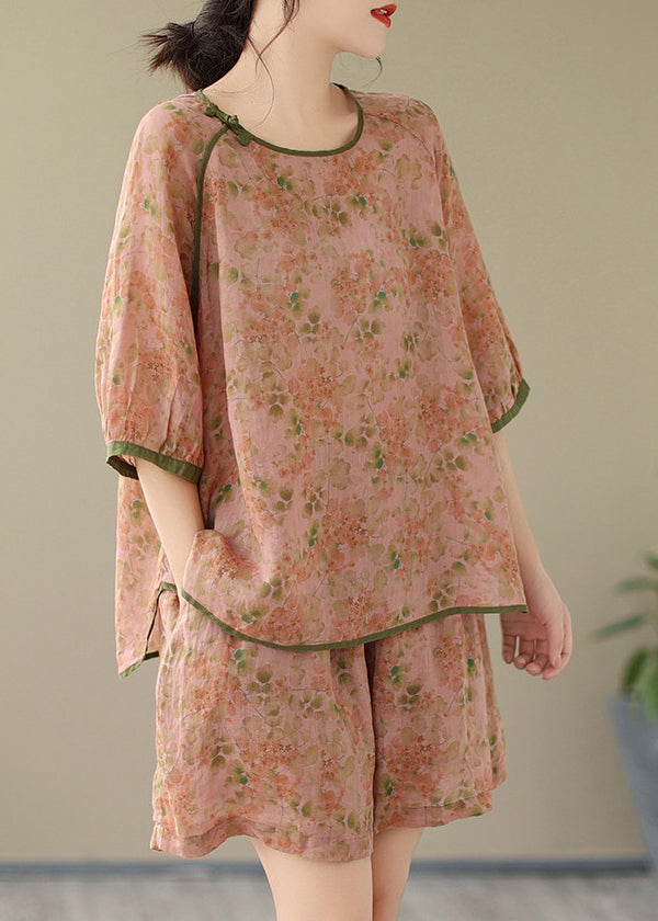 Organic Orange Print Side Open Top And Shorts Two Piece Set Short Sleeve