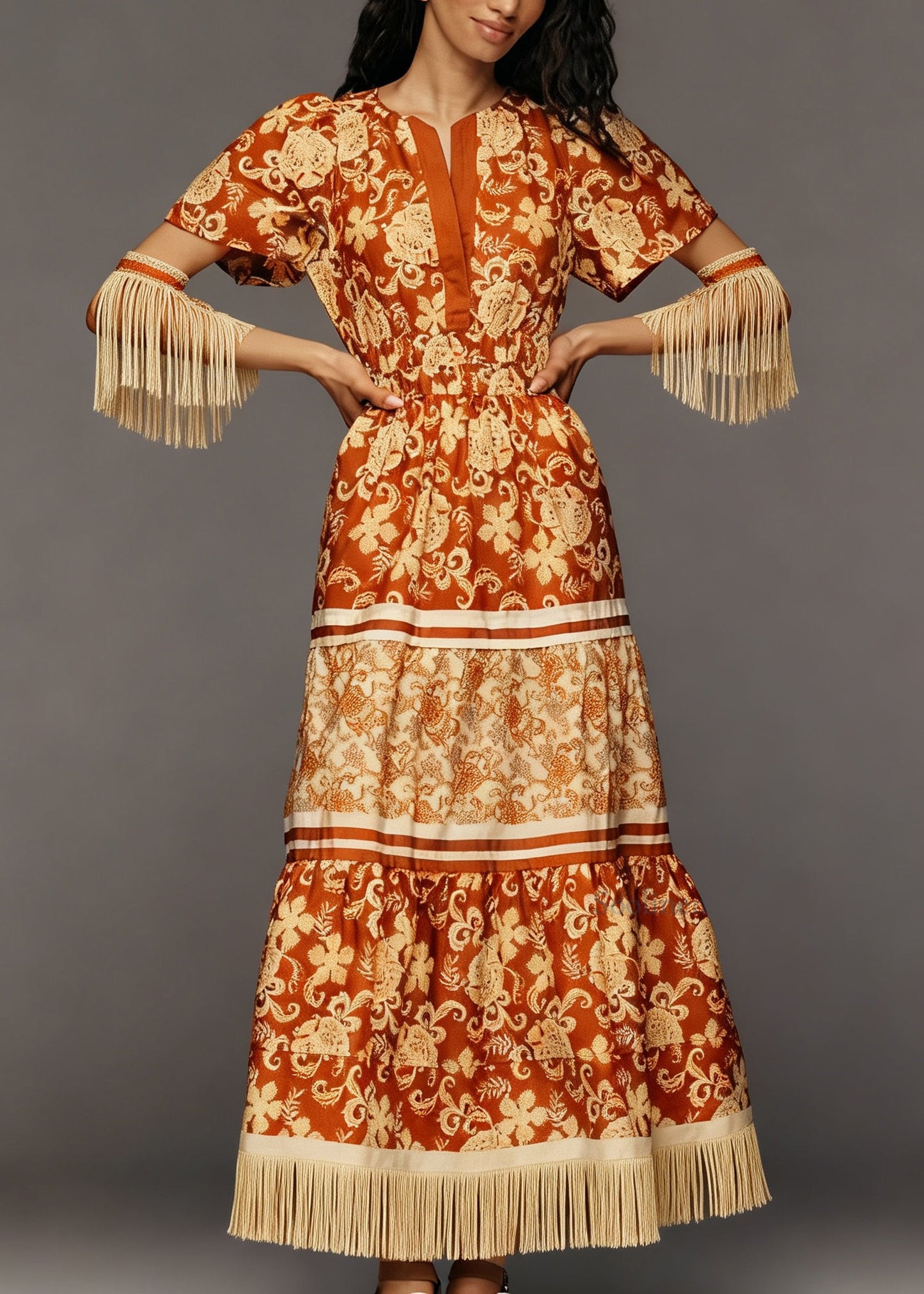 Organic Orange Print Tasseled Patchwork Cotton Long Dresses Summer
