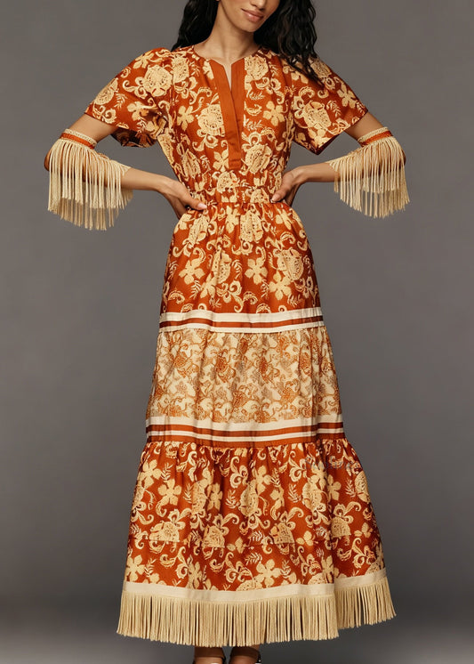 Organic Orange Print Tasseled Patchwork Cotton Long Dresses Summer