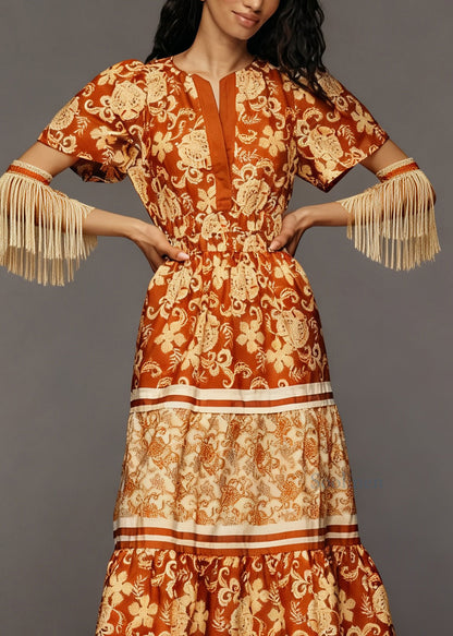 Organic Orange Print Tasseled Patchwork Cotton Long Dresses Summer
