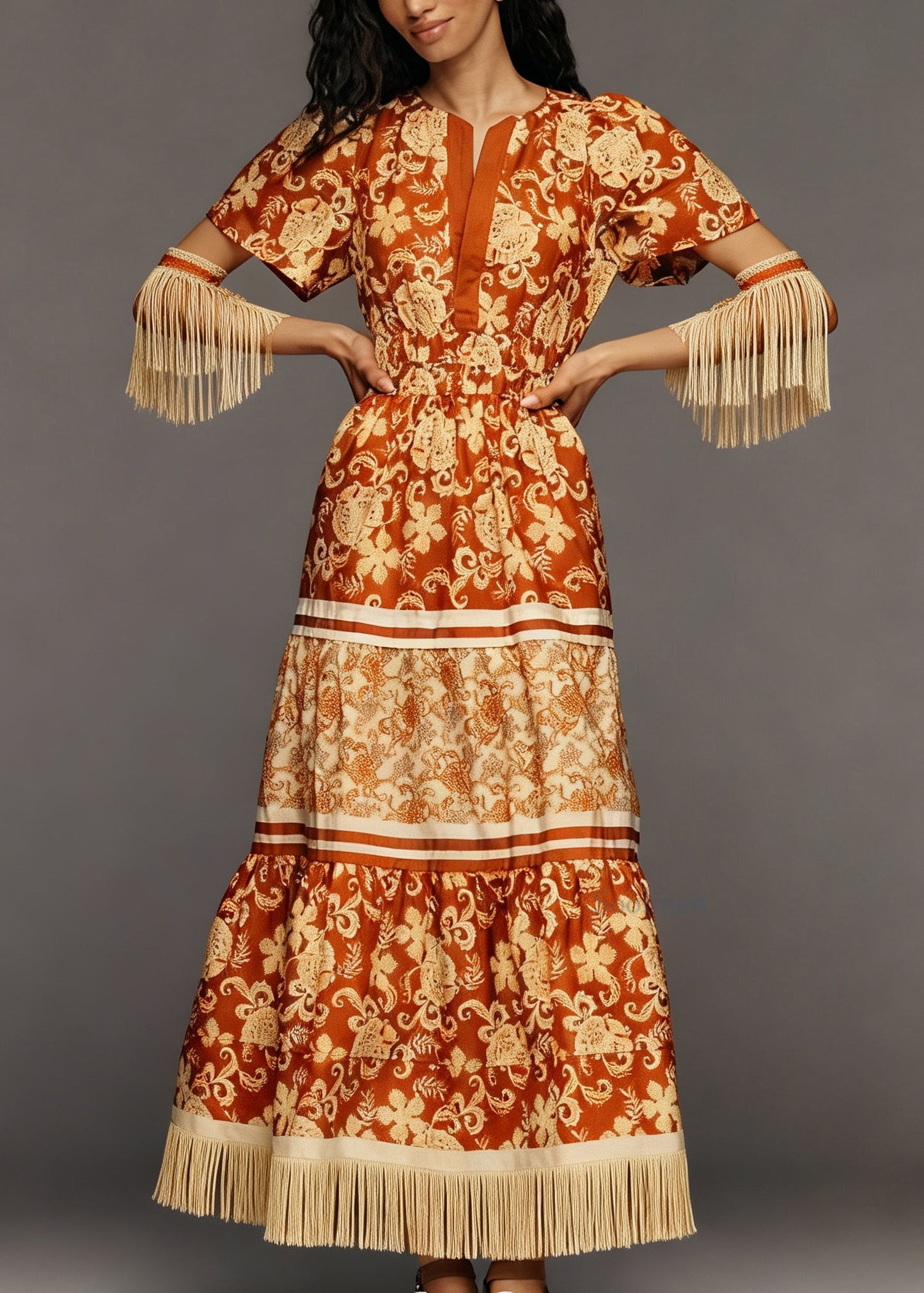 Organic Orange Print Tasseled Patchwork Cotton Long Dresses Summer