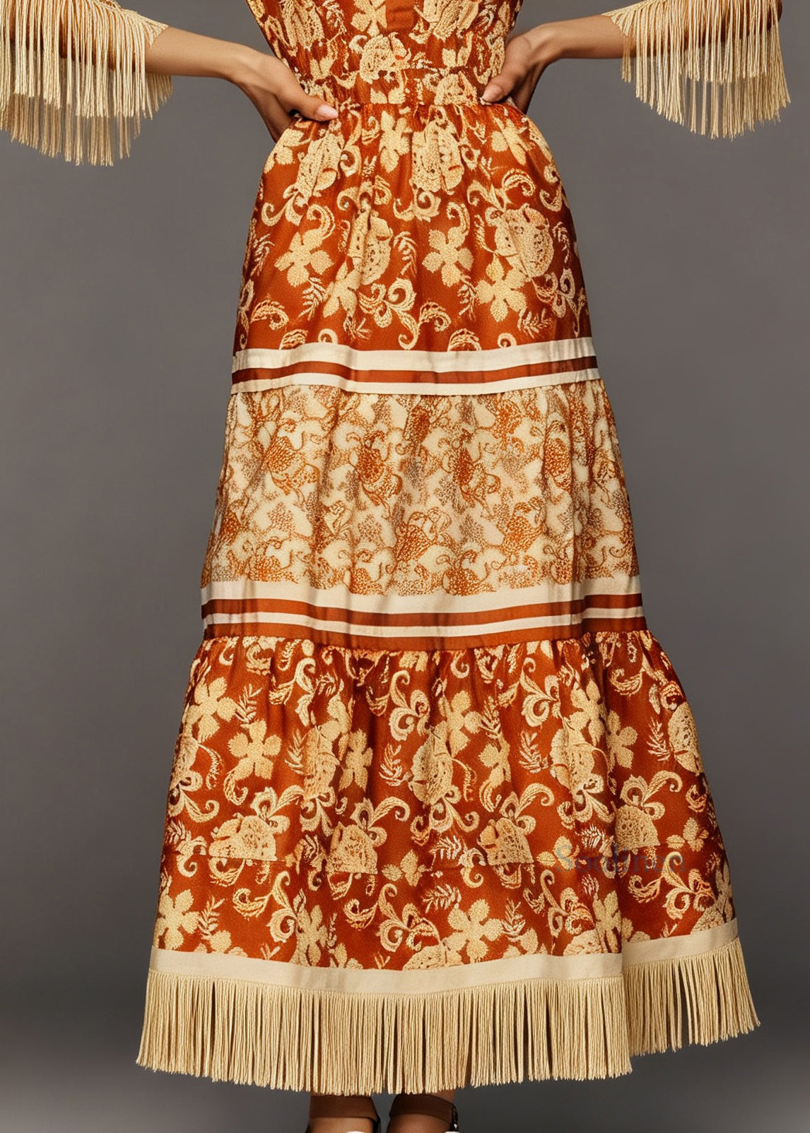 Organic Orange Print Tasseled Patchwork Cotton Long Dresses Summer