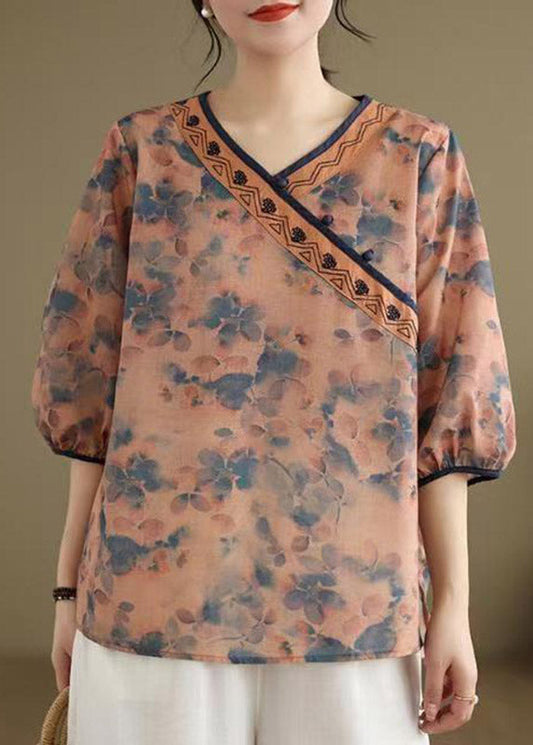 Organic Orange V Neck Print Low High Design Shirt Summer