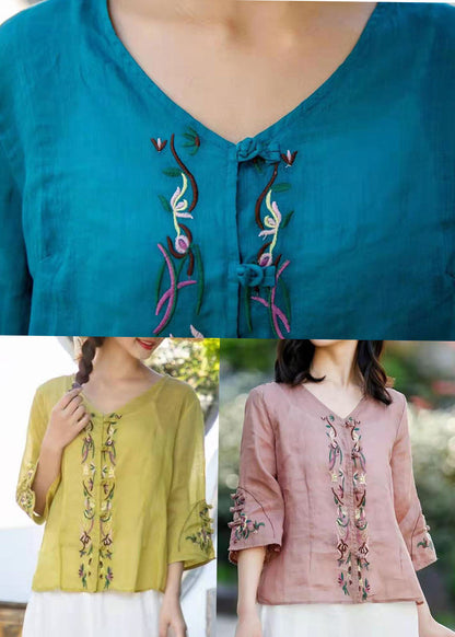 Bio-Leinentop mit Stickerei in Pfauenblau, Dreiviertelärmel