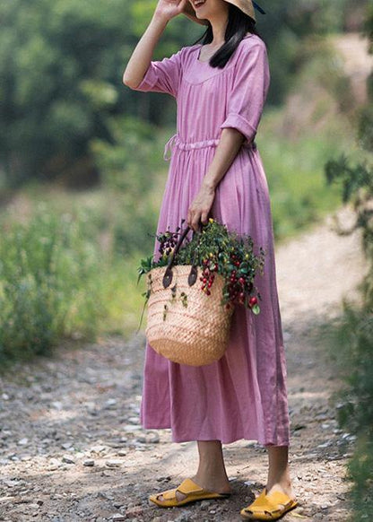 Organic Pink Clothes For Women O Neck Drawstring Summer Dresses - SooLinen