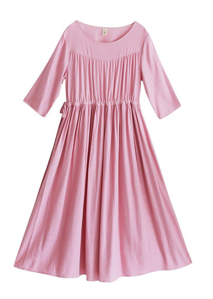 Organic Pink Clothes For Women O Neck Drawstring Summer Dresses - SooLinen