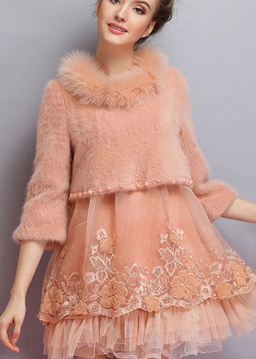 Bio Rosa Besticktes Nagelperlen Mode Winterpullover Kleid