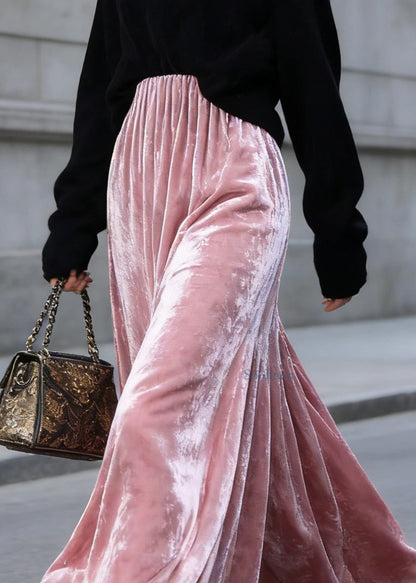 Organic Pink High Waist Wrinkled Velvet Skirts Spring